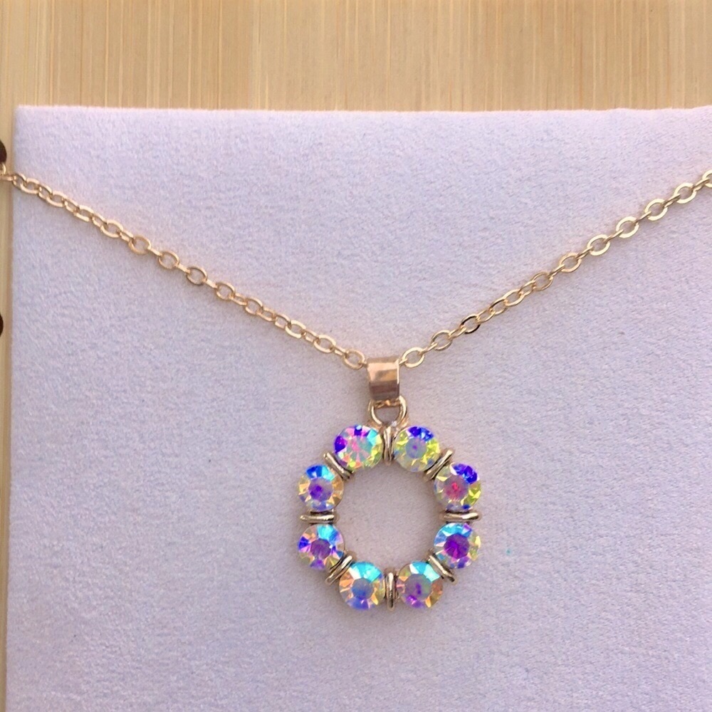 Aurora Borealis + Gold Crystal Circle Pendant Necklace - Picture 4 of 6